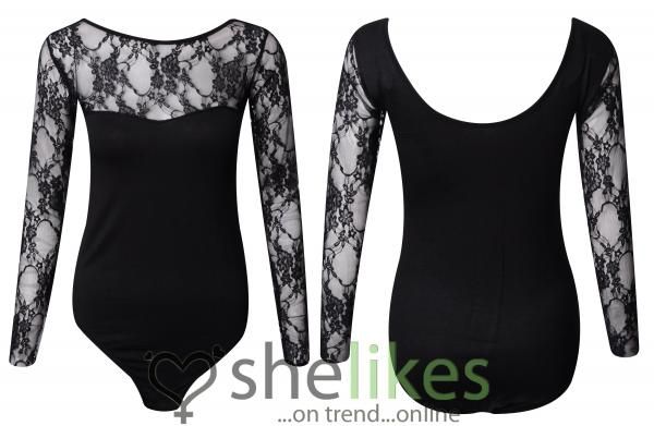 Womens Long Sleeve Bodysuit Ladies Lace Insert Cut Out Stretch Leotard 