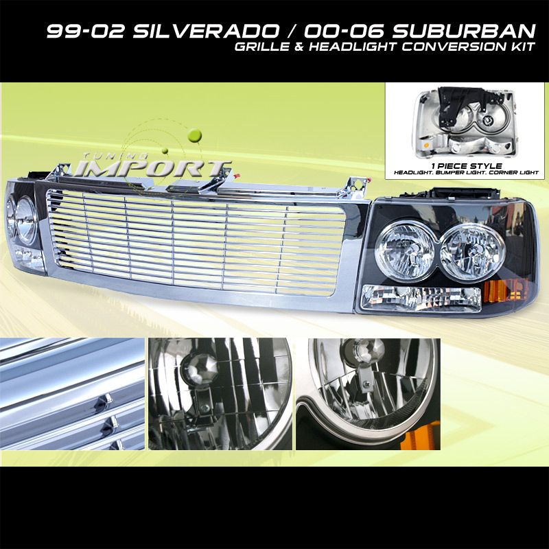 99 02 CHEVY SILVERADO 1500 2500 GRILLE+BLK HEADLIGHTS  