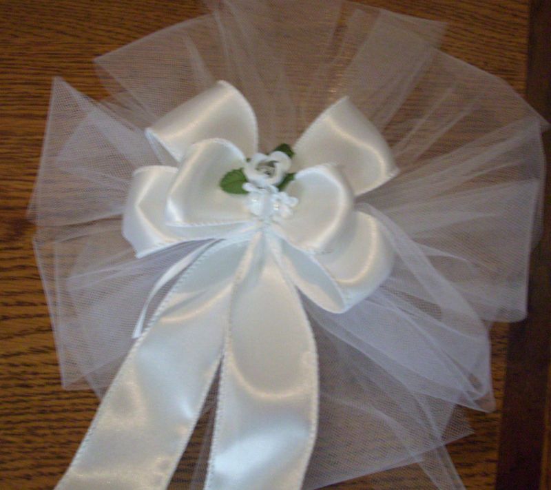 Custom Handmade Pew Bow white tulle small rose cluster  