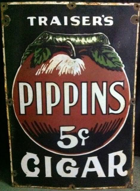 Old Vintage Vitreous Porcelain Enamel Sign   TRAISERS PIPPINS 5 