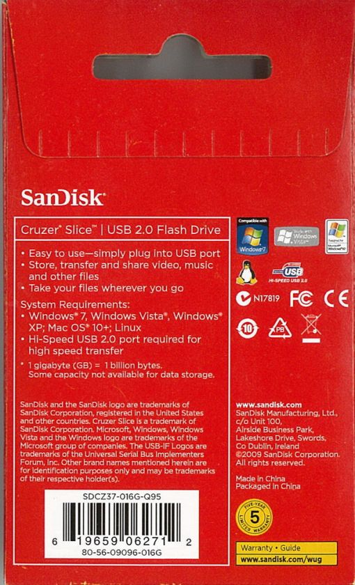 SANDISK CRUZER SLICE 16GB USB 2.0 FLASH DRIVE PC/MAC  