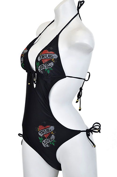 Black TRUE LOVE Tattoo Heart Rhinestone Monokini Size S  