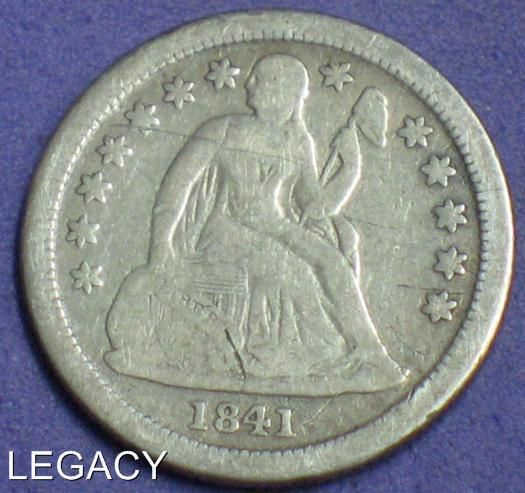 1841 O SEATED LIBERTY DIME DRAPERY 90% SILVER (GI  