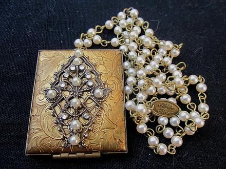 Necklace Locket Hidden Heart Antique Style Pearl Rhinestone Big 