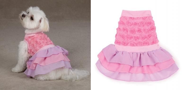 This cocktail dress for dogs features a satin bodice and a polka dot 