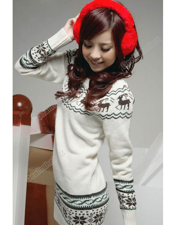 Soft New Women knit Sweater dresses Pullover Jumper Top Snowflake Deer 