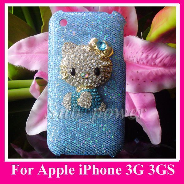 3D Blue Hello Kitty Rhinestone Bling Hard Case cover for iPhone 3G 3GS 