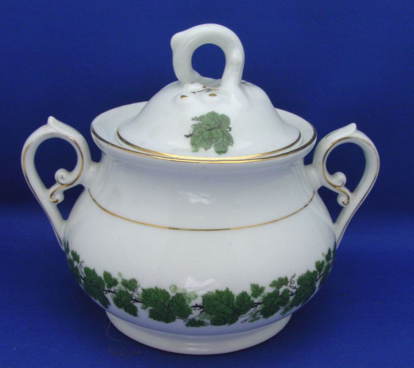 Large Sugar Bowl & Lid Wilhelm Martz Green Grapevine Gold Trim 3.5 