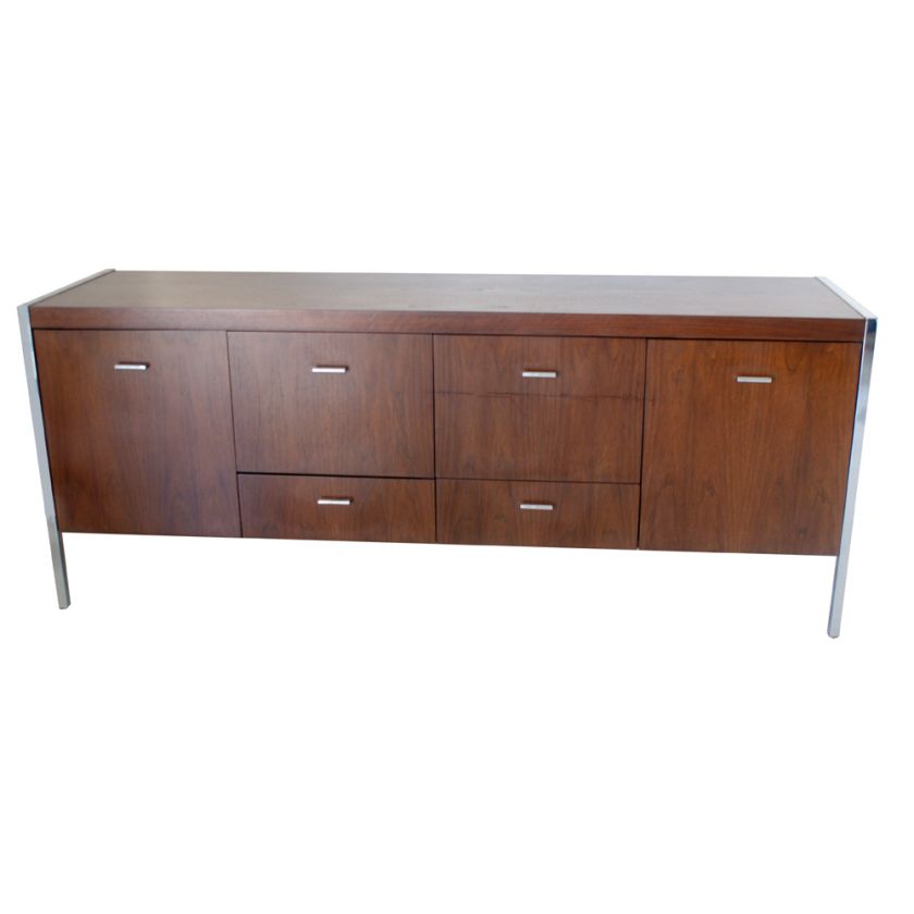 6ft Vintage Jasper Walnut Chrome Credenza Cabinet  