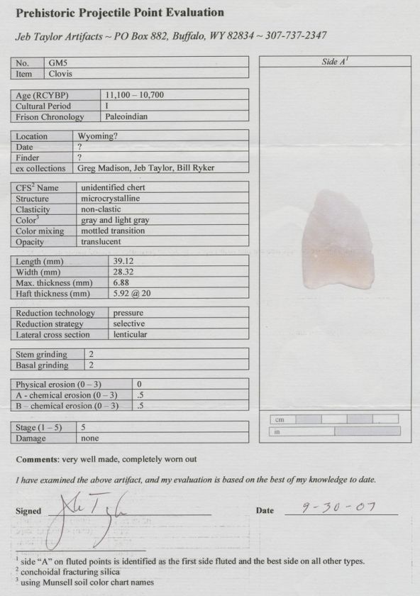 Clovis made of agate, Found in Wyoming, G6.80. Comes with a COEP 