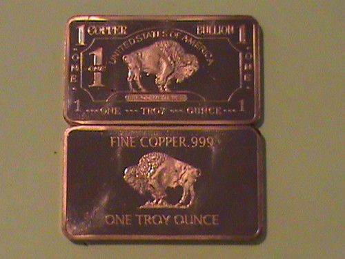 troy oz copper buffalo bullion bar .999 fine/solid/pure  