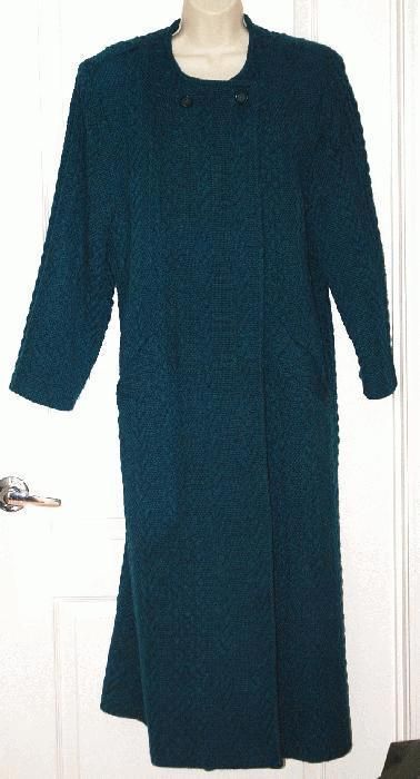 BRANIGAN WEAVERS Teal green blue Long Maxi COAT thick Irish wool cable 