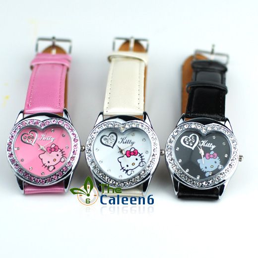   Crystal Heart Children Quartz Hell Kitty Wrist Watch 3 Colors  