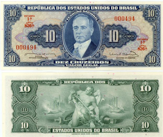 BRAZIL 10 CRUZEIROS P 167b UNC NOTE G. Vargas 1963  