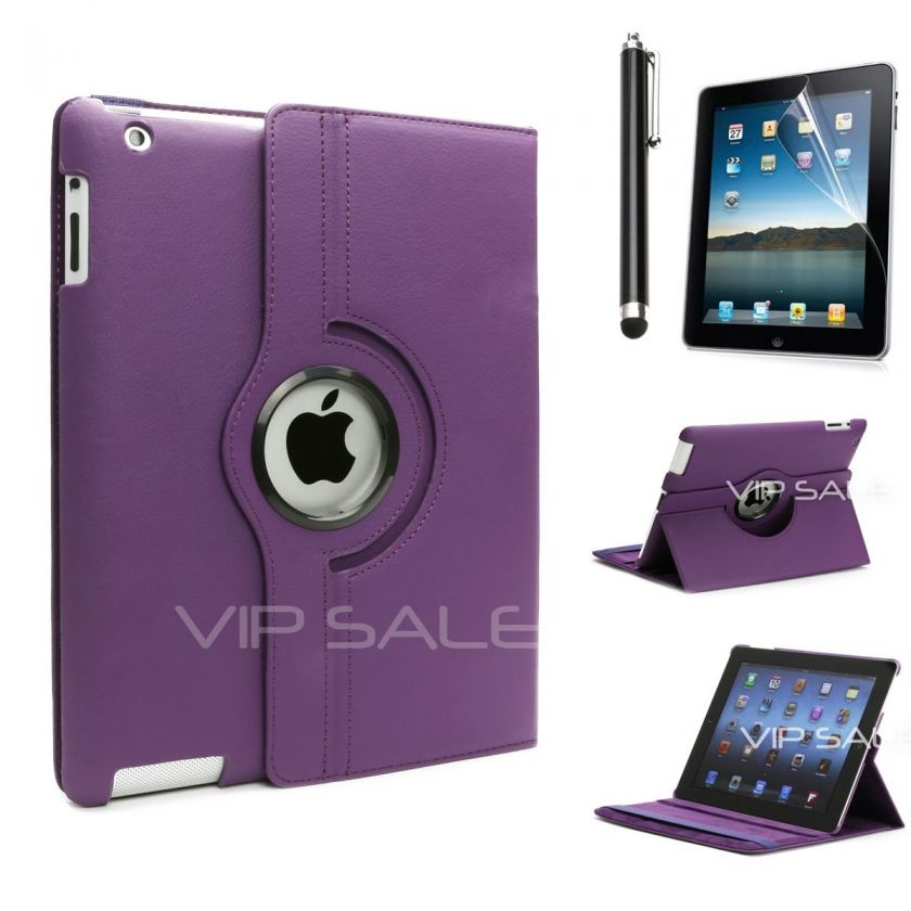 APPLE IPAD 3 PURPLE LEATHER CASE WITH 360 ROTATING STAND + SCREEN 