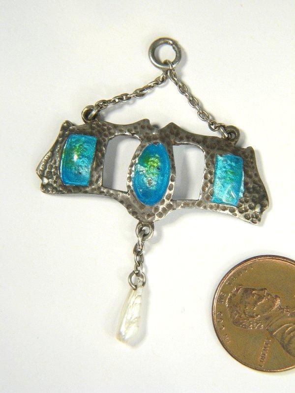   ANTIQUE ENGLISH SILVER ENAMEL PEARL ART NOUVEAU PENDANT c1900  