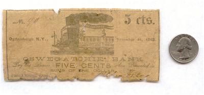 Civil War, Ogdensburg New York 1862 5 Cents Oswegatchie Bank, Boot 