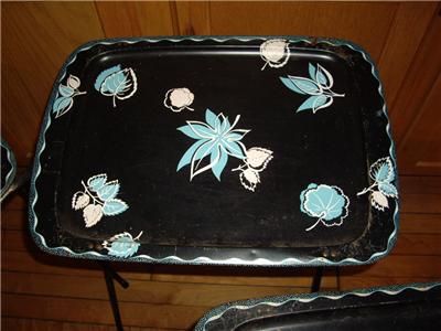   Vintage Caldak Metal TV Trays Retro Black Turquise Pink Flowers Leaves