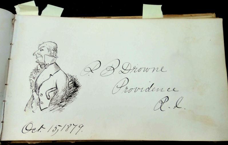 1875 antique DROWNE AUTOGRAPH BK providence ri FRAKTUR ART DRAWING 