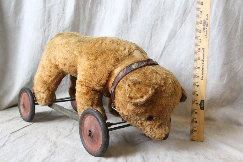 L350 ANTIQUE C. 1910 GERMAN STUFFED TEDDY BEAR PULL TOY  