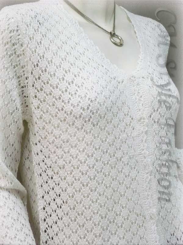 Crochet Eyelet Button Down Knit Cardigan Top White L  