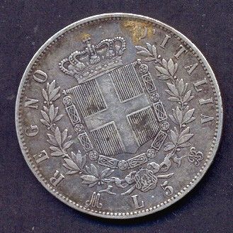 ITALY SILVER COIN,5 LIRE,1875,XF,CV$150  