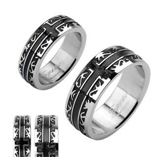 Stainless steel black IP tribal cross wedding band couple ring Size 5 