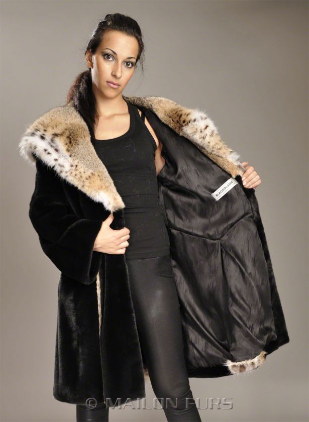 Hooded black original BLACKGLAMA Mink fur coat parka   Lynx hood 