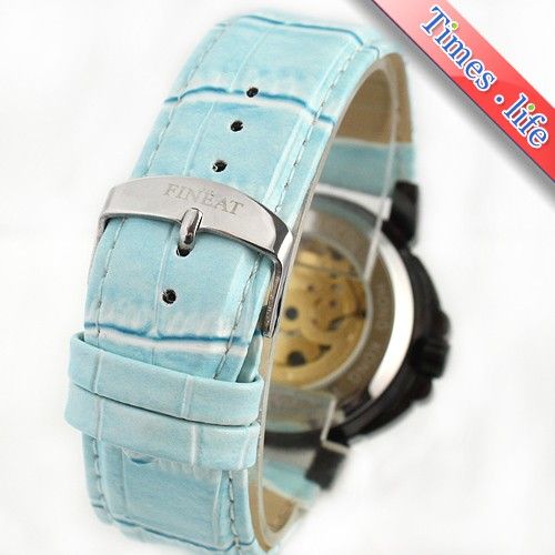 Sky Blue Strap Stylish Women Watch Gold Skeleton Automatic Crystal 