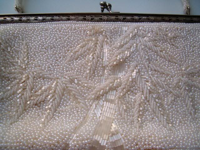 Antique Art Deco Glass Micro Beaded Clutch Purse Silver Plate Handbag 