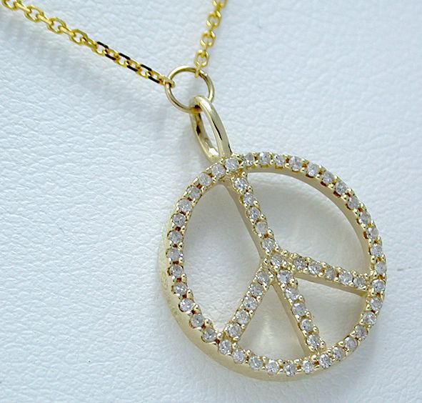 25 CT round Diamonds Peace Sign SYMBOL 14k Yelllow GOLD Pendant 