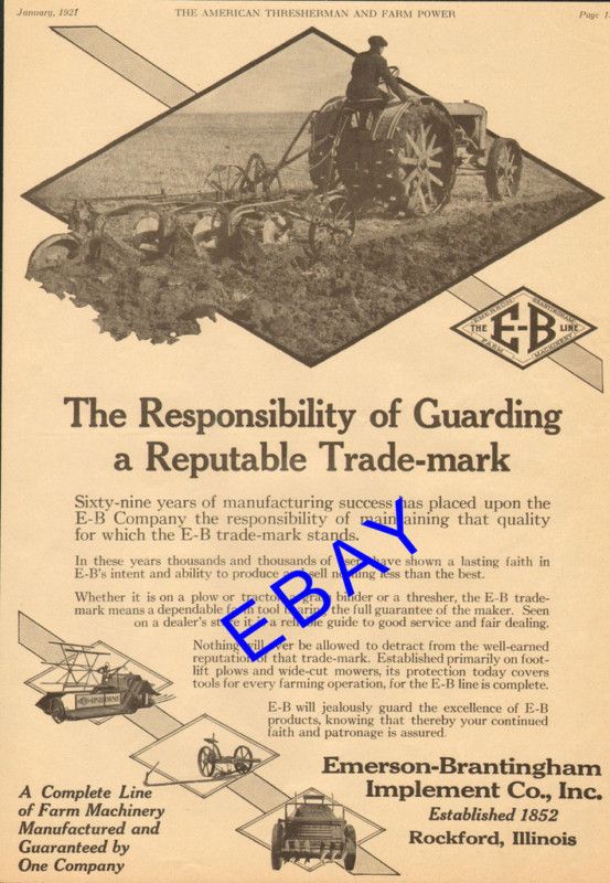 LARGE 1921 E B EMERSON BRANTINGHAM TRACTOR MOWER BINDER AD ROCKFORD IL 