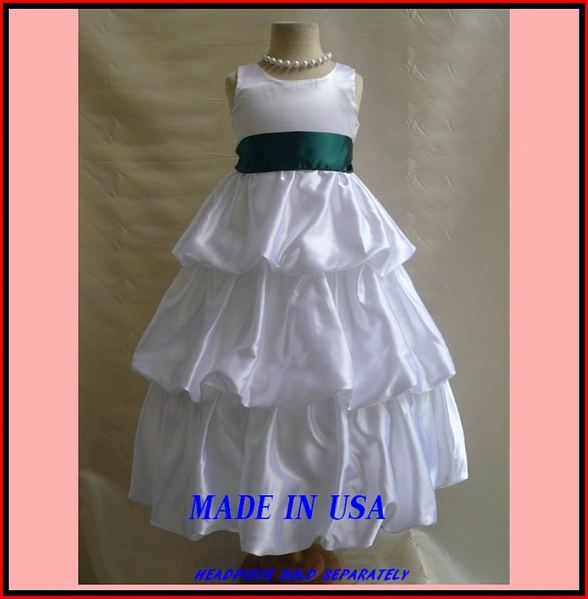 NEW WHITE HUNTER GREEN FLOWER GIRL BRIDALS PARTY DRESS  