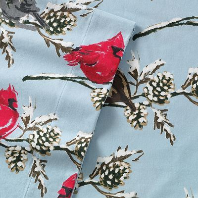 NEW Blue HOME CLASSICS Bird CARDINAL & SNOW Pinecone 4pc QUEEN FLANNEL 