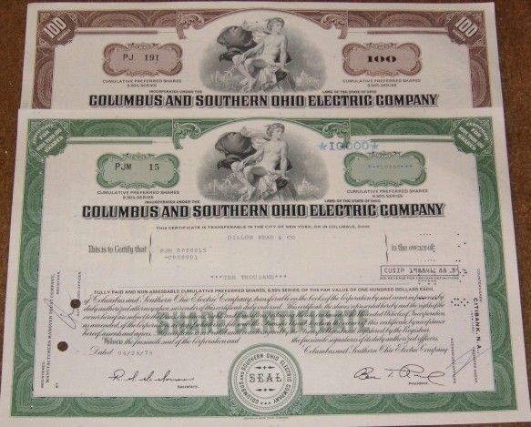 Pair Columbus South Ohio Electric Stock Certificates  