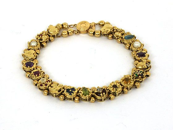   VINTAGE 14K GOLD & GEMS LADIES SLIDE CHARM BRACELET W/ 20 CHARMS