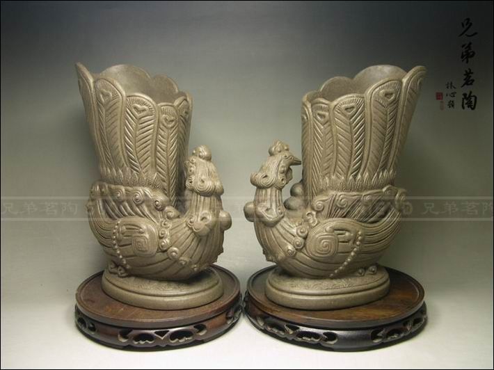 5000friend Pair Yixing Zisha Pottery Old Peacock Vase  