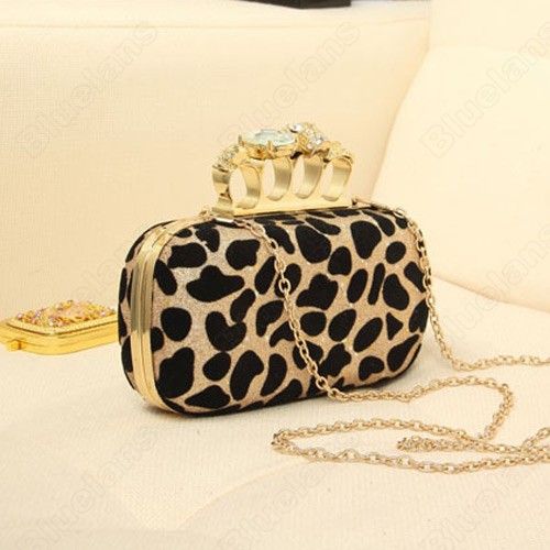   Leopard Ring Shoulder Clutch Evening Bag Handbag Sequin Metal Chain