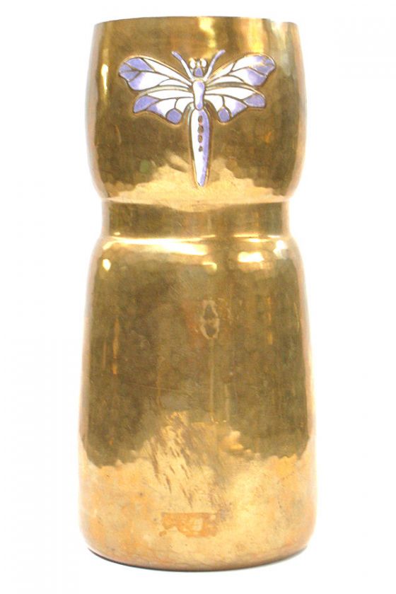 WMF Antique Art Nouveau Copper Vase w Enamel Dragonfly  