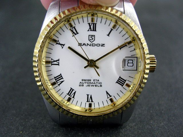 SANDOZ TWO TONE ROMAN MARKERS DATE BOY ETA 25 JEWELS AUTOMATIC WATCH 