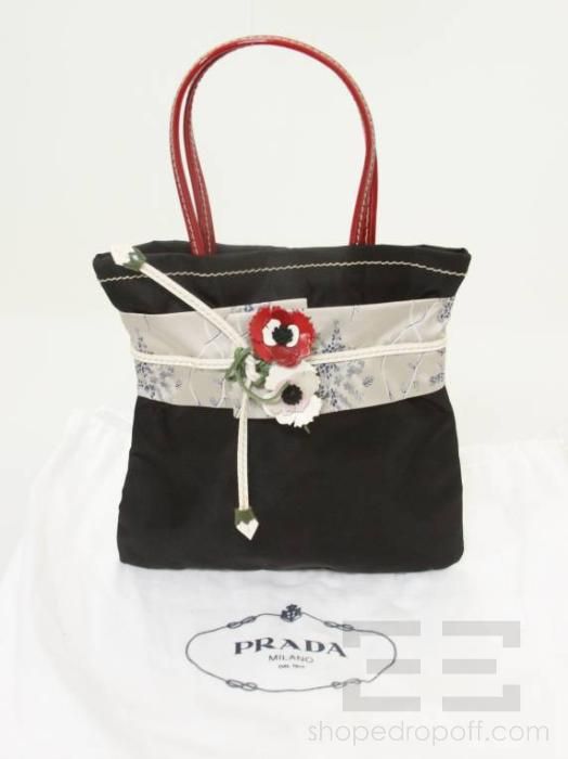 Prada Black Nylon & Leather Floral Trim Kimono Handbag  