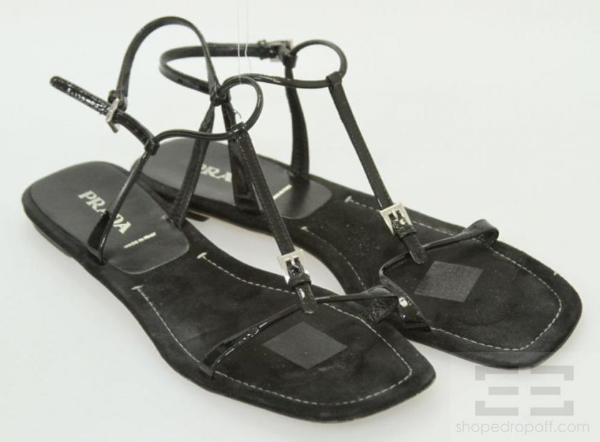 Prada Black Patent Leather & Suede Strappy Sandals Size 41  