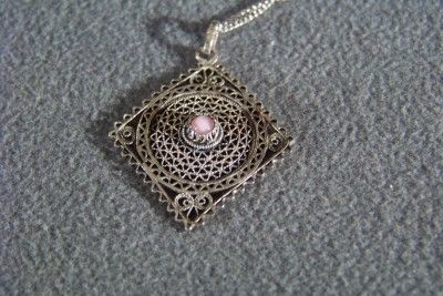   SILVER PINK AGATE FANCY FILIGREE LAVALIERE PENDANT NECKLACE  