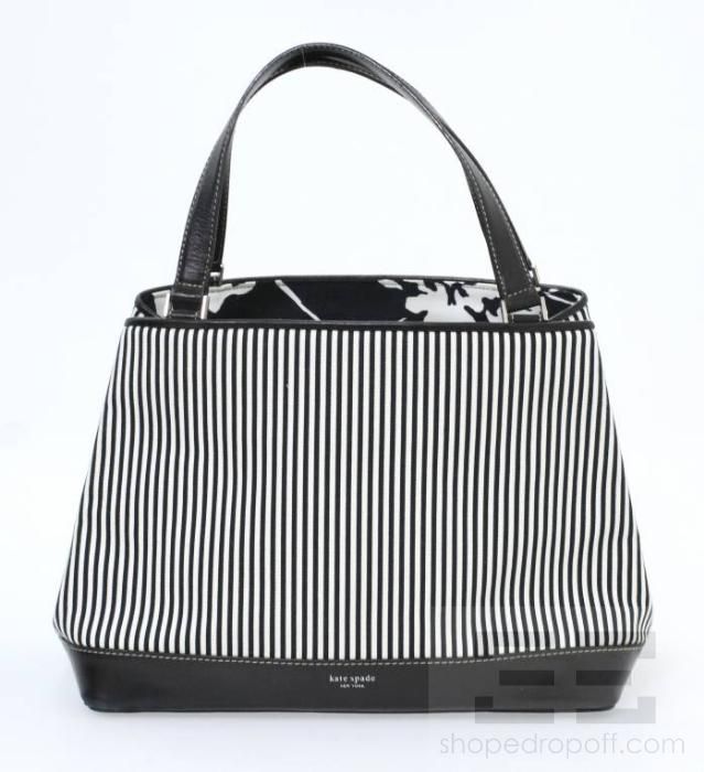 Kate Spade Navy & White Striped Canvas & Black Leather Trim Tote Bag 