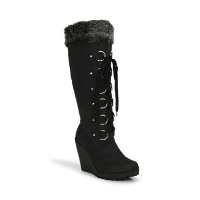 Toi et Moi High Lace Up Fur Trim Wedge Boot (Black PU) Fedel 05  