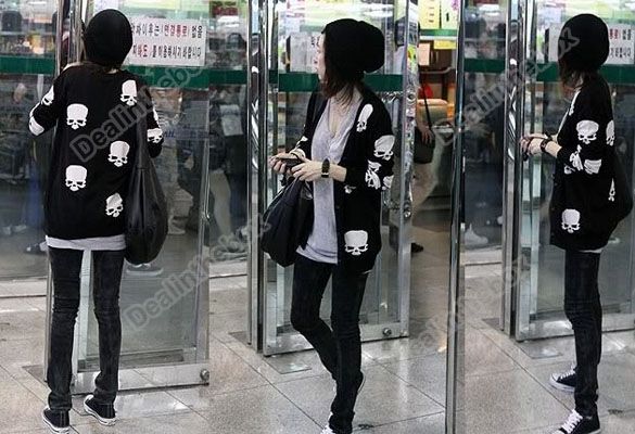 Women Long V Neck Skull heads Trendy Knit Sweater Cardigan Buttons 