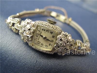Ladys Vintage 14KT White Gold and Diamond Hamilton Watch 17 Jewel 