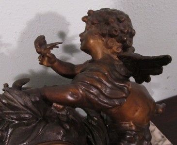   Marble & Bronzed Figural Mantel Clock w/ Cherub & Lovebirds  