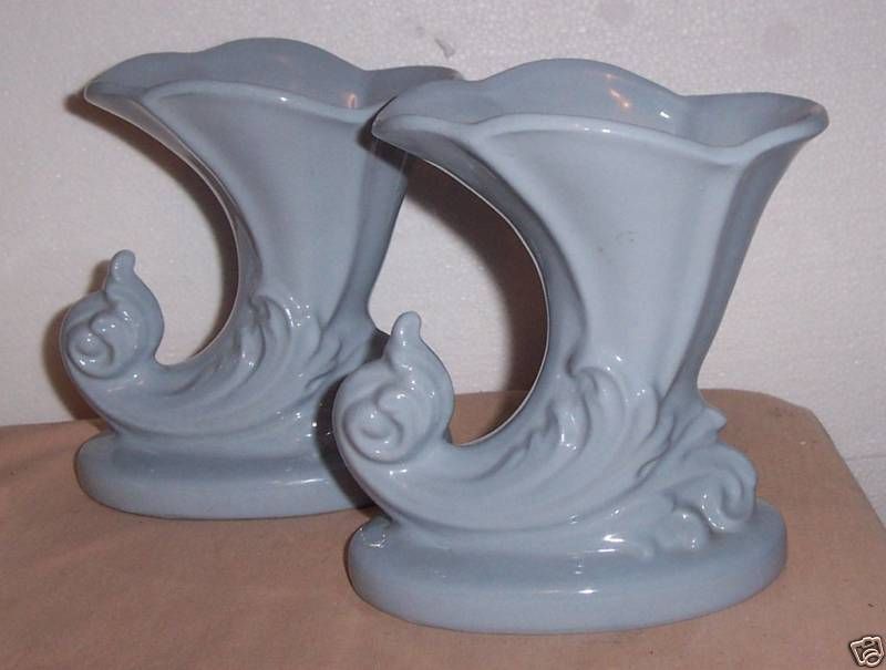 VINTAGE CORNUCOPIA HORN OF PLENTY BABY BLUE VASE (2)  