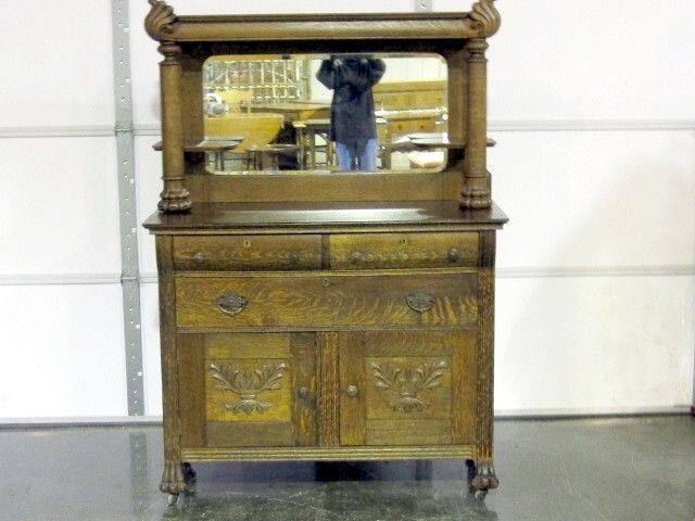 Antique Arts & Crafts Golden Oak Sideboard Server w Mirror Lamp 